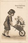 Carte postale de Pâques vintage roue poussante enfant brouette de fleurs