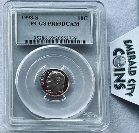1998-S 10C ROOSEVELT DIME PCGS CERTIFIED PR69DCAM SUPERB/GEM UNC COIN Cover
