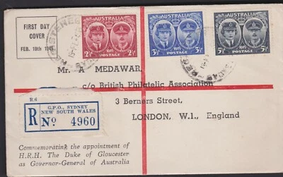 1945  WWII Peace Victory Australia MEDAWAR Registered FDC Cover SYDNEY to GB UK - Image 1 of 2