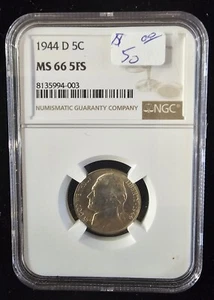1944 D 5C Jefferson Nickel, NGC MS-66 FULL STEPS - Picture 1 of 2