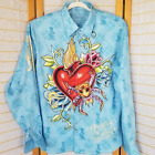 Christian Audigier Button up Shirt Size Large Beaded and Blinged Out Blue Tattoo