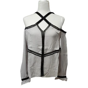 NWT ROI Blouse Top Cold Shoulder Cutout Silk Velvet Trim Light Gray Black Sz S - Picture 1 of 11