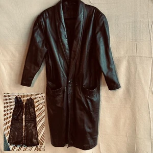 80s Gitano Black Leather Trench Coat + Leather Driving Gloves (M) - Picture 1 of 17
