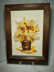 Vintage Crewel Art Floral Orange and Brown Bucket MCM - Picture 1 of 5