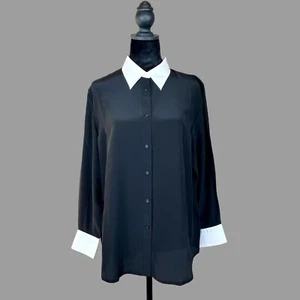 Nuovo con etichetta! Blusa Lauren Ralph Lauren 100% seta nera con bottoni bordo bianco taglia 14 - Foto 1 di 6