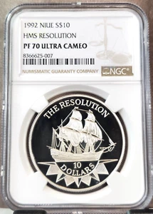 1992 NIUE SILVER 10 DOLLARS HMS RESOLUTION NGC PF 70 ULTRA CAMEO RARE PERFECTION - Picture 1 of 3