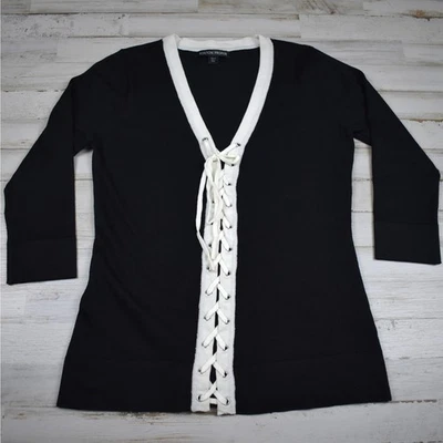 Y2K style Boston Proper black/white lace up 3/4 sleeve sweater top size small - Image 1 of 4