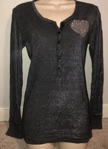 Black Metallic Y2K Bling Button Neckline Top Victorias Secret PINK Sz Large - Picture 1 of 7