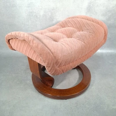 Vintage Scandinavian Style Pink Fabric Footstool Ottoman with Bentwood Base - Image 1 of 4