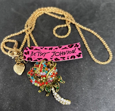 Collar Betsey Johnson Cristal Rosa Multicolor Hoja Verde 3D Colgante/Broche Nuevo con Etiquetas Foto 1 de 4