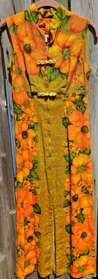 Vtg 1970 Hawaiian Togs Sleeveless Dayglow Barkcloth Maxi Dress Orange Hibiscus - Image 1 of 4