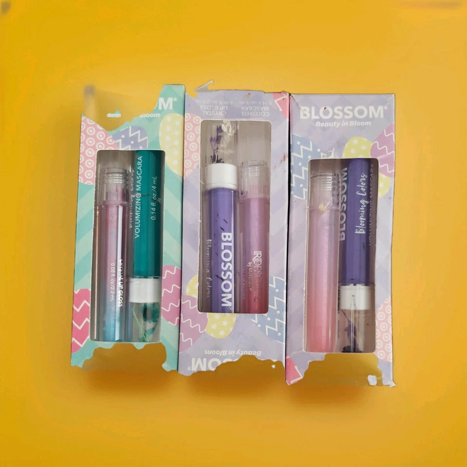 Paquete de 3 brillos de labios Blossom Cyrstal y púrpura, rímel verde azulado-labio, caja nueva/dañada Foto 1 de 1