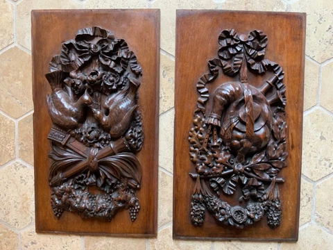 Pair Gorgeous French Architectural Walnut  Wood Door Panels Hand Carved C1880 Cover
