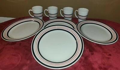 TOTALLY TODAY 4 PLATOS DE CENA 4 TAZAS RAYAS ROJO CREMA Y NEGRO  Foto 1 de 4