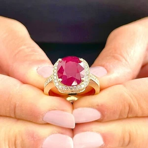 14K YELLOW GOLD CUSHION RUBY AND ROUND CUT DIAMOND ANTIQUE DESIGN RING 8.00CTW - Picture 1 of 11