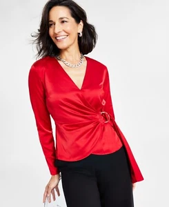 I.n.c. International Concepts Women's Surplice Satin Blouse SZ M Red Defect - Picture 1 of 8