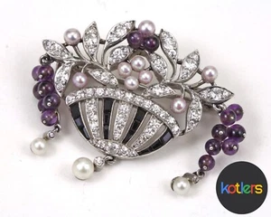 Rare Ca. 1925 Art Deco Cartier, Diamond, Amethyst, Onyx Platinum Floral Brooch - Picture 1 of 16