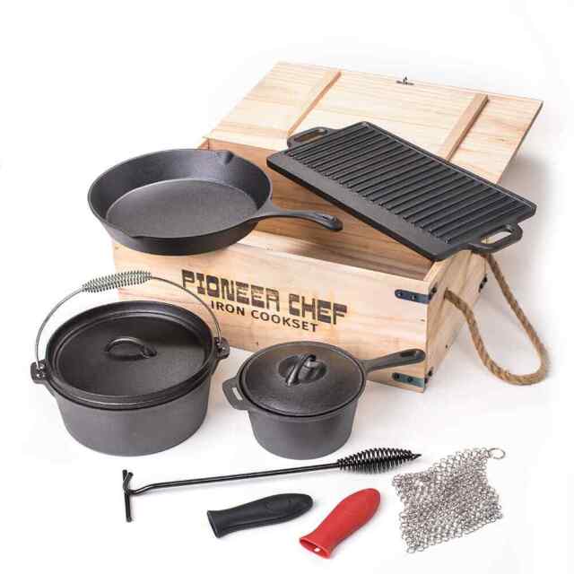 8 Piece Pre-Seasoned Dutch Oven Cooking Set Cast Iron Camping Kitchen  Cookware Bakeware Skillets & Square Grill Pan w/Vintage Carrying Wood Box  for