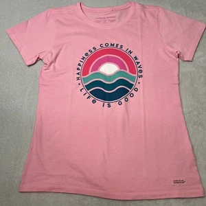 Life is Good T-Shirt Happiness Comes In Waves Pink Grün Tee Medium - Bild 1 von 8