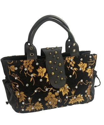 Carlos Falchi Black Leather Handbag Gold Embroidery Brass Studs Large Bag - Image 1 of 4