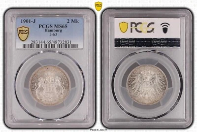 Coin Mark Silver Hamburg 2 Mark 1901 PCGS MS65 great condition nswleipzig - Image 1 of 2