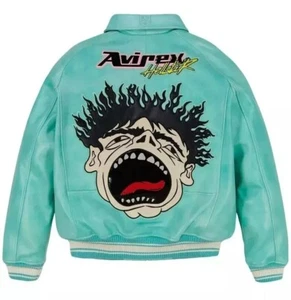 Avirex x Hellstar Men's Blue Leather Bomber Jacket – Genuine Cowhide –streetwear - Picture 1 of 5