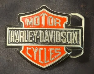 Vtg 80s Harley Davidson Motorcycles Brass Belt Buckle Red Black - Picture 1 of 14
