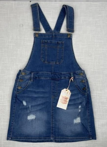 Wax Jeans Blue Distressed Stretch Denim Overall Romper Skirt Womens Sz L NWT - Picture 1 of 6