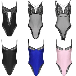 Men's Sheer Lace Lingerie Bodysuit Sissy Thong Leotard Crossdress Sexy Nightwear - Picture 1 of 38