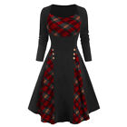 Women Autumn Plaid Check Skater Dress Steampunk Gothic Party Swing Gowns Costume