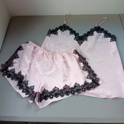 Flora Nikrooz Babydoll Pajama Set Medium Pink Black Lace Coquette Romantic NEW - Image 1 of 4