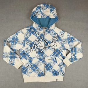 Volcom Hoodie Sweatshirt Mens Small Blue White Cut N Paste Plaid Basic Zip Logo - Picture 1 of 13