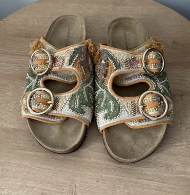 Sandalias para mujer House of Harlow 1960 con cuentas hoja cuero hebilla talla 7 bohemias Foto 1 de 4