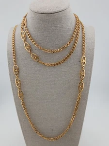 MONET Vintage GoldTone 54" cable stations chain oval floral designs necklace - Picture 1 of 10