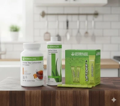 Herbalife Peach Tea 3.6 oz + Original Aloe Pint+30 Lemon Lime LiftOff Stcks - Image 1 of 4