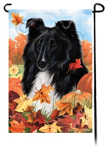 Bandera de jardín Falling Leaves - Sheltie Shetland Sheepdog blanco y negro - Imagen 1 de 1