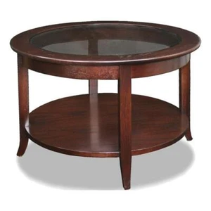 Leick Furniture Solid Wood Round Glass Top Coffee Table in Oak - Picture 1 of 6
