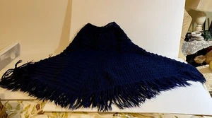 Vintage Handmade Knit one size Women Blue Fringe BOHO Poncho - Picture 1 of 4