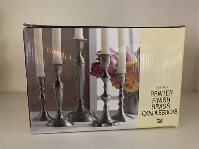 Linen 'N Things Set of 5 Pewter Finish New In Box Brass Candlestick Holders - Image 1 of 4