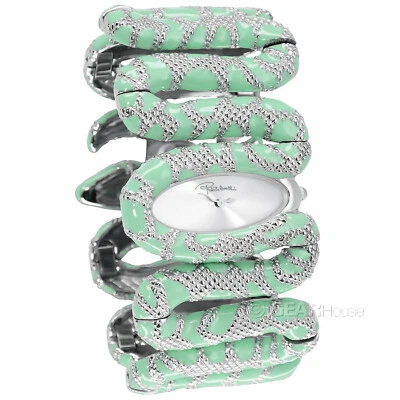 Roberto Cavalli Womens Cleopatra Snake Watch Mint Green Enamel Silver Oval Dial - Image 1 of 4