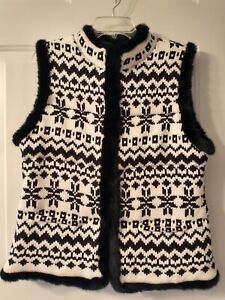 Talbots Faux Fur Trim Hook Eye Closure Pockets Sweater Knit Vest sz Large Petite