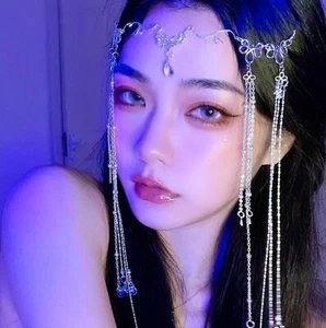 Women BOHO Crystal Moon Silver Hair forehead chain Tassel Headband Headpiece - Picture 1 of 2