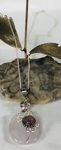 Pink Oval Quartz Silver Necklace 24” Scroll Wire Glass Pendant 2.75” Cable Chain - Picture 1 of 7