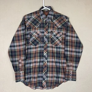 Rustler Shirt Mens 14.5 Brown Blue Plaid Long Tails Button Up Adult - Picture 1 of 9
