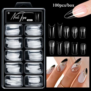 100X Almond False Nail Tips Matte Full Cover Long Coffin Fake Nails Art Manicure - Picture 1 of 32