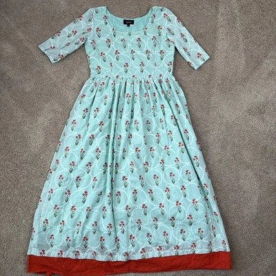 Maxi Vestido Athira Mujer M Verde Rojo Floral Bordado Cottagecore Fiesta de Vacaciones Foto 1 de 4