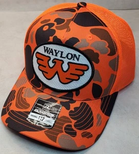 WAYLON JENNINGS Patch on Richardson 112 Trucker Hat Snapback Blaze Orange Camo - Picture 1 of 9