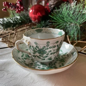Vintage  Meissen Porcelain Green Indian Flowers Cup & Saucer- 1st Quality -MINT - Picture 1 of 11