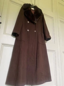 Vintage Cashmere Faux Fur Collar Overcoat Size 12 Coat Long 1950s Luxury Brown - Picture 1 of 7