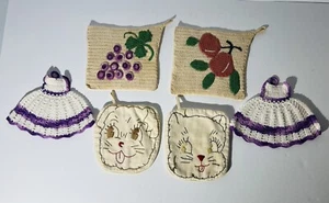 Mid Century Vintage Kitchen Pot Holder Hot Pads Cherry Grape Dog Cat Crochet - Picture 1 of 11